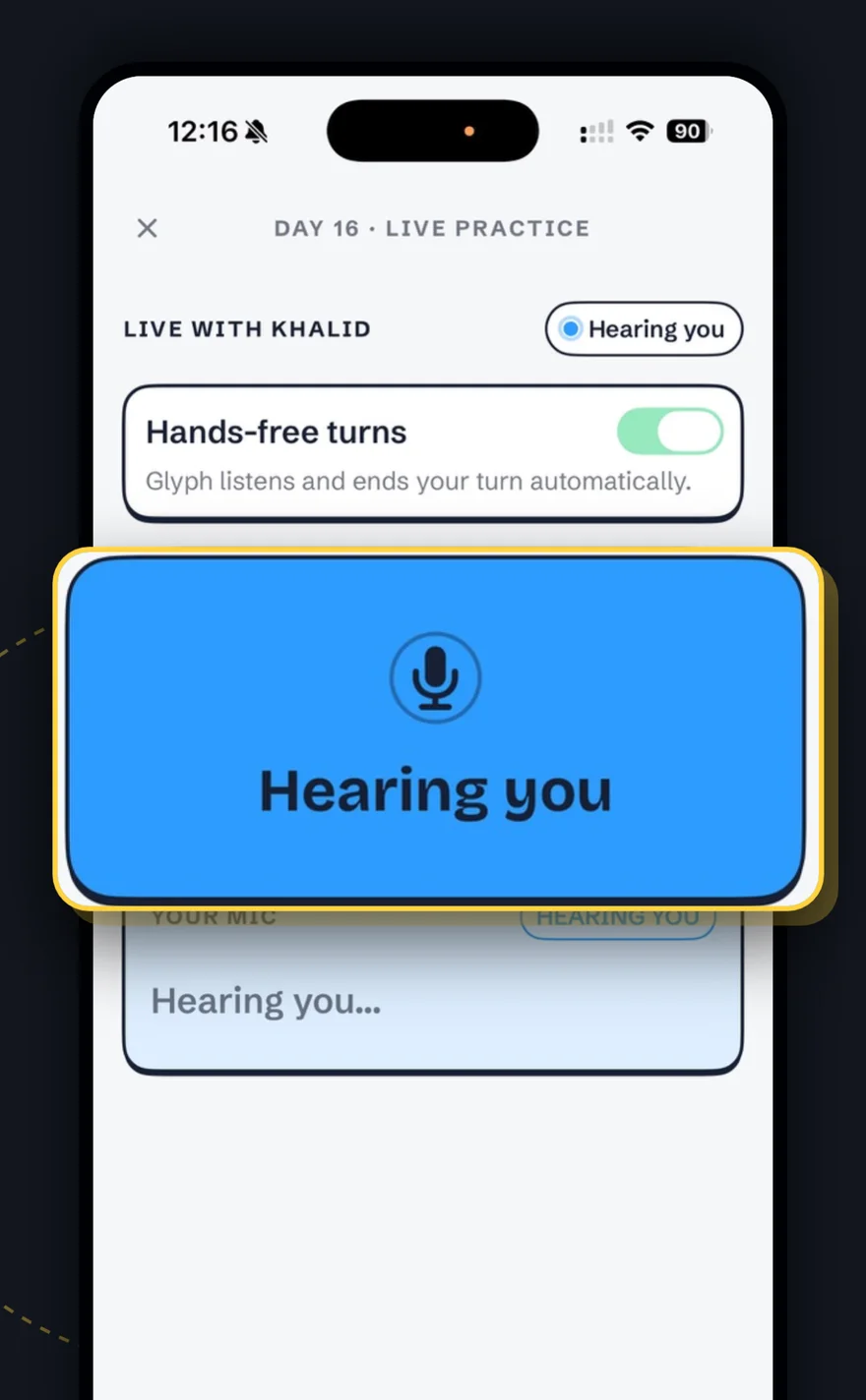 Glyph live practice screen with Khalid, showing Hearing you while you speak